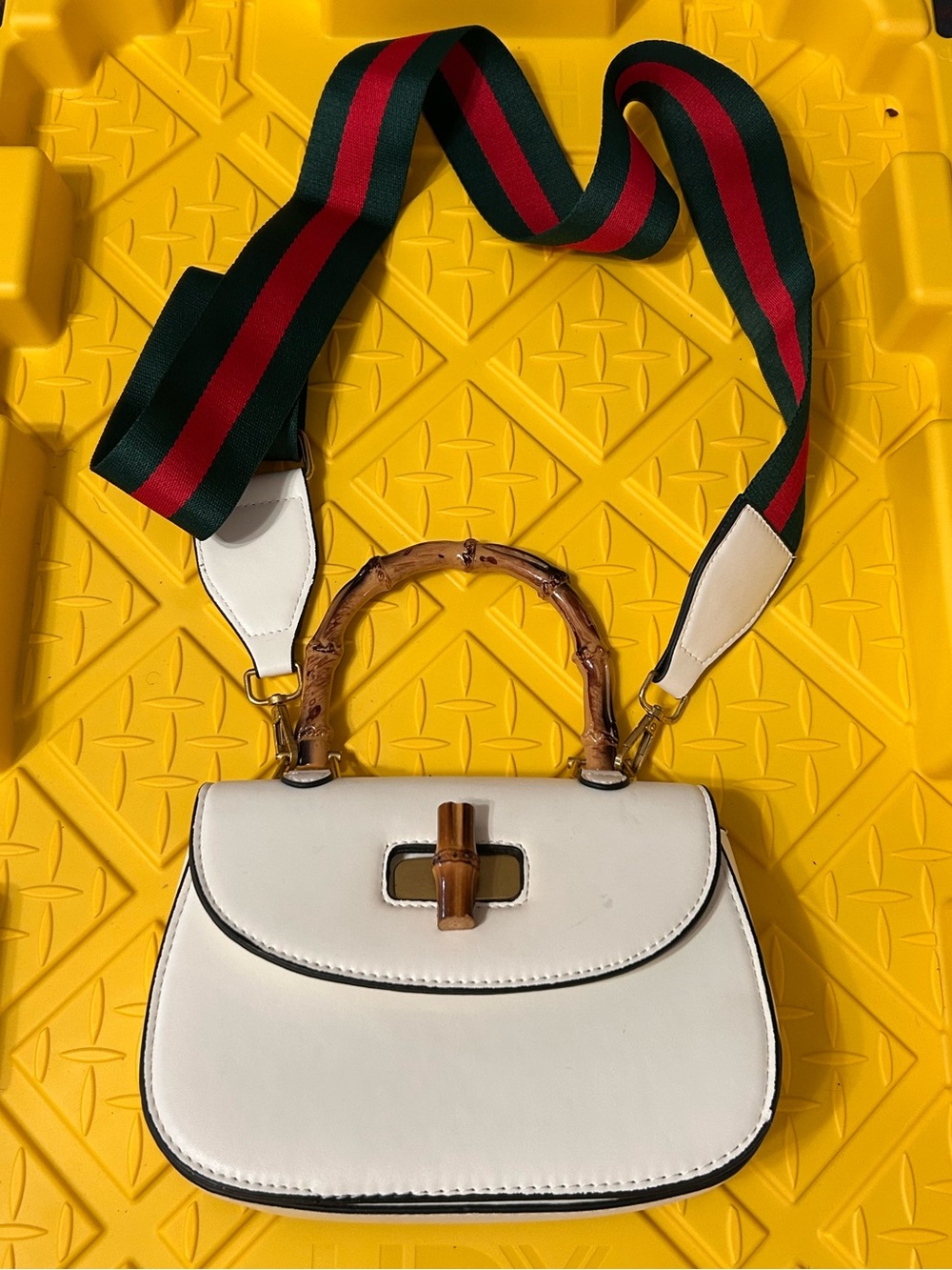 Gucci White Leather Shoulder Bag with Bamboo Handle and Striped Strap